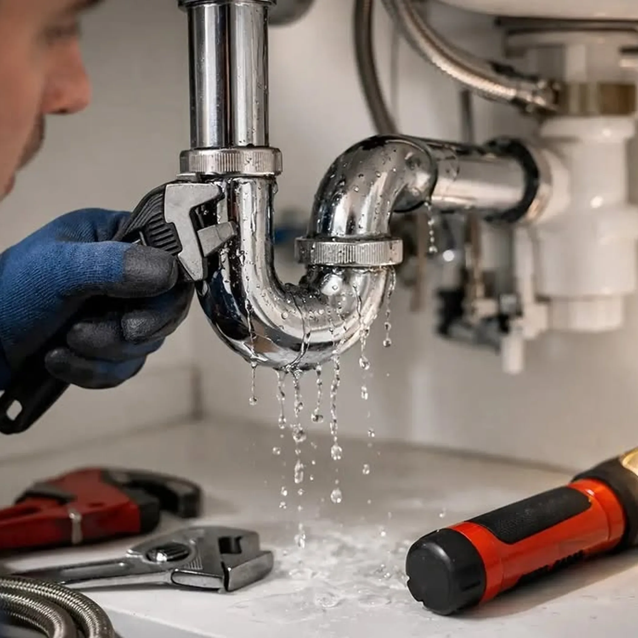 plumbing repair with leaking pipe